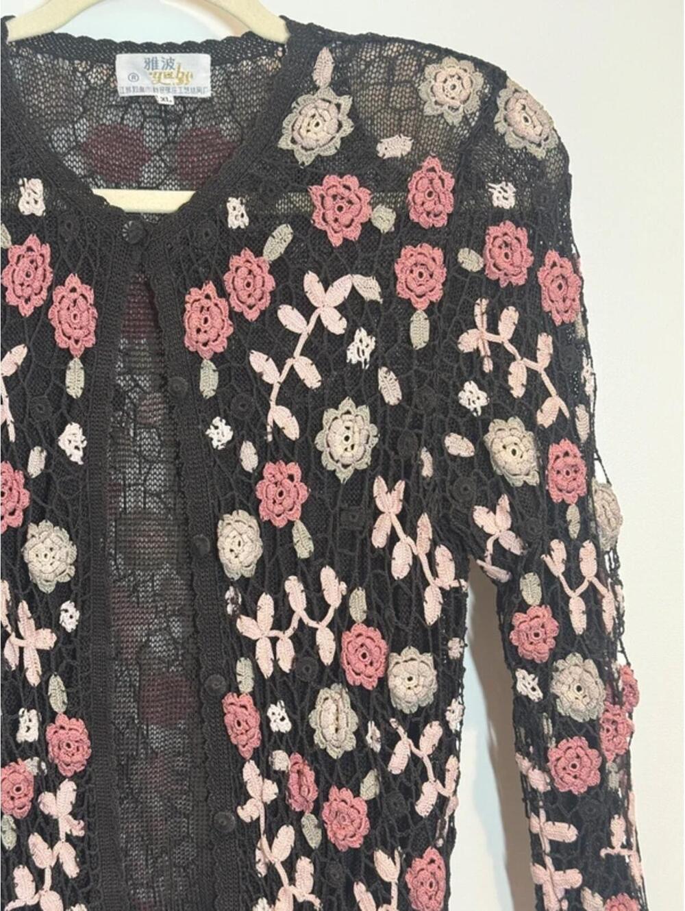 Vintage black floral embroidered mesh cardigan sheer rose y2k fairycore boho - Picture 5 of 9